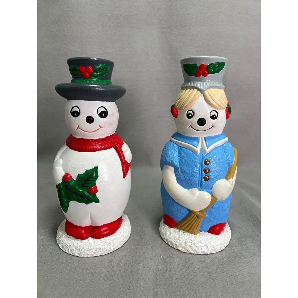 Vintage Hand Painted Ceramic Snowman Couple Taper Candlestick Holders Christmas‎
